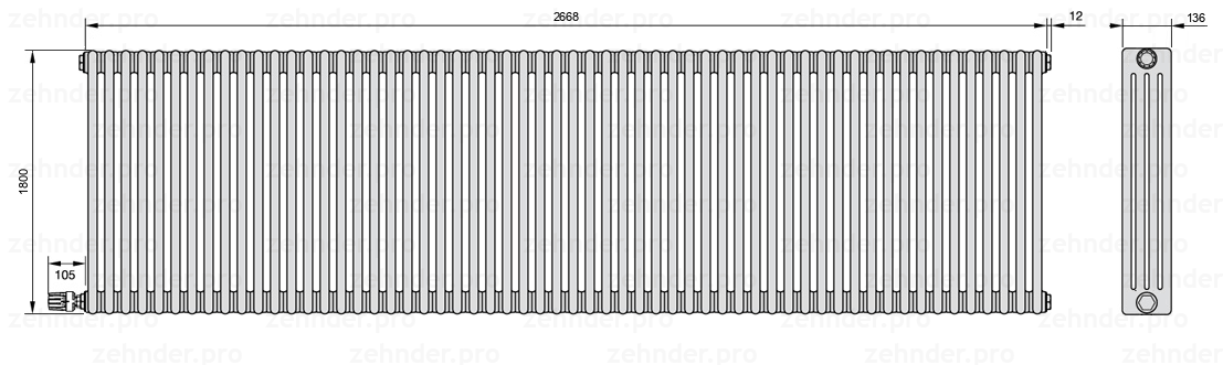 Схема (чертеж) Радиатор Zehnder Charleston 4180/58 №V004 Белый глянцевый RAL 9016